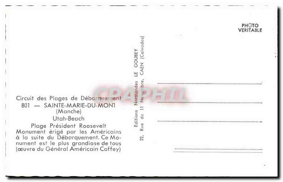 CPM Militaria Sainte Marie du Mont Utah Beach Plage President Rossevelt  — Rückseite