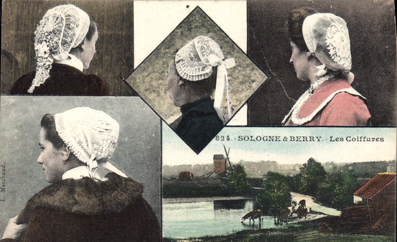 CPA Folklore Sologne et Berry Les coiffures Moulin a vent Vaches