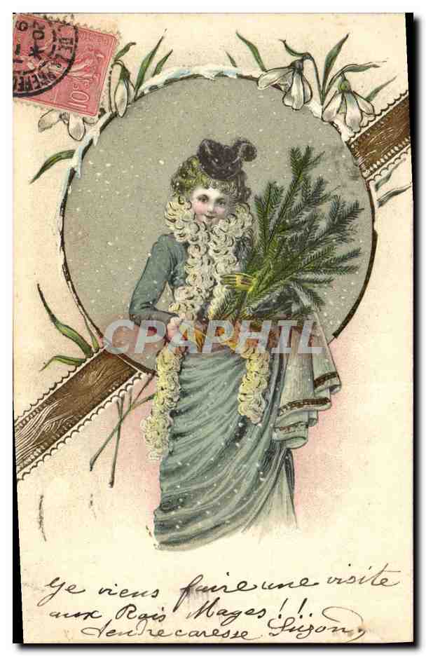 Femme en robe bleue tenant un sapin — Sujet de Noël — éditeur non identifié