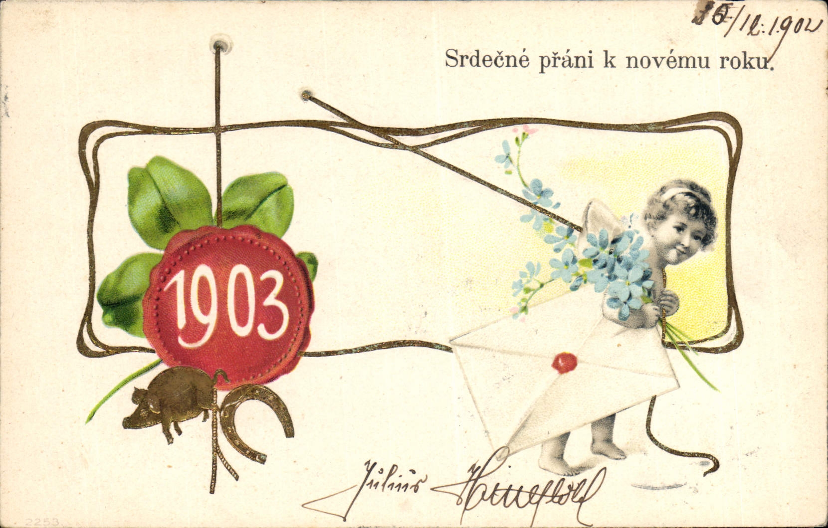 CPA Fantaisie Fleurs Enfant Annee 1903 Trefle Cochon Porc Fer a cheval