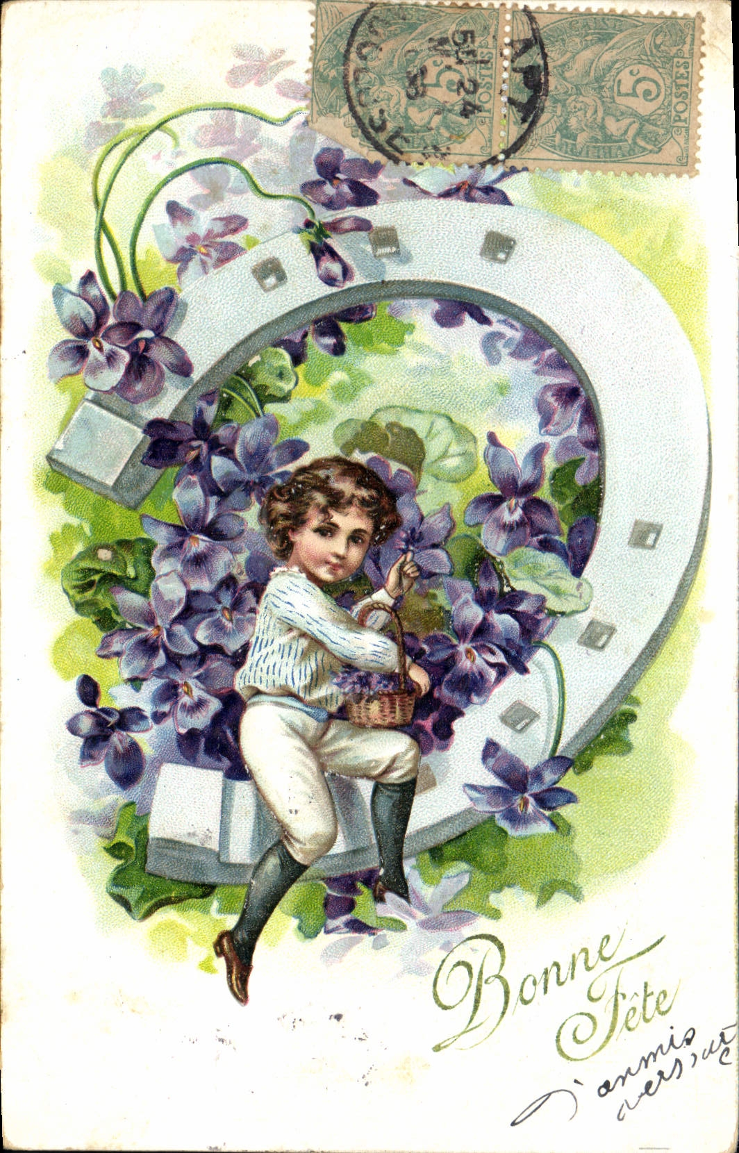 Enfant dans un étrier de violettes — Bonne Année — éditeur non visible