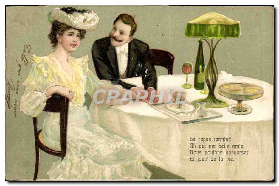Couple à table — scène de dîner — éditeur non identifié, n° de série non visible
