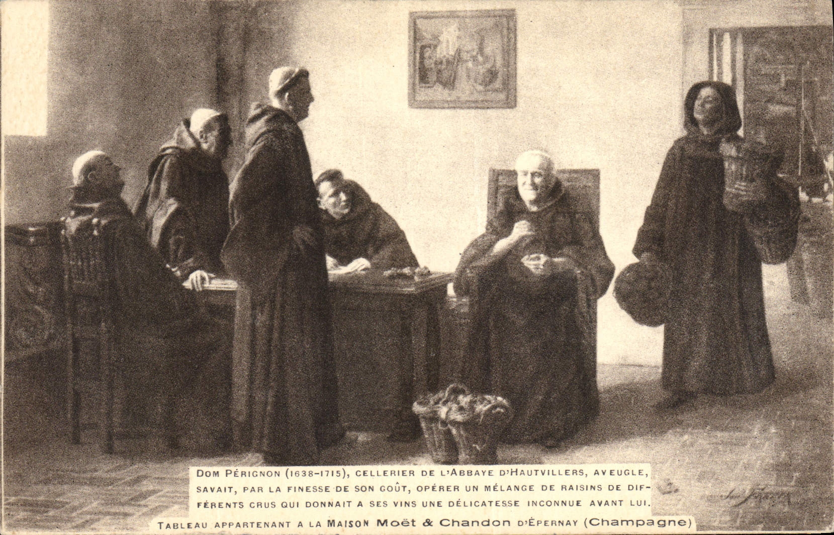 CPA Folklore Vin Vendange Champagne Dom Perignon Cellerier de l'abbaye d'Hautvillers Aveugle