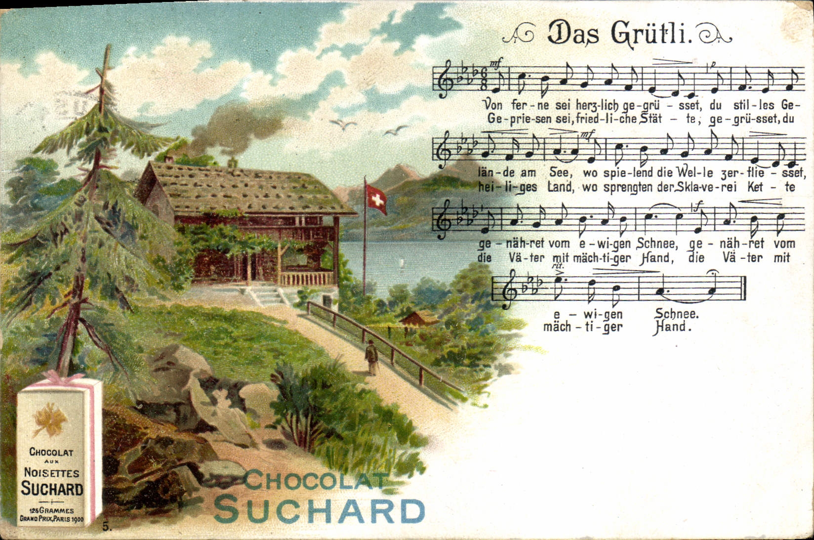 Lac Léman — Vue de chalet suisse avec chanson « Das Grütli » — Chocolat Suchard, n°5