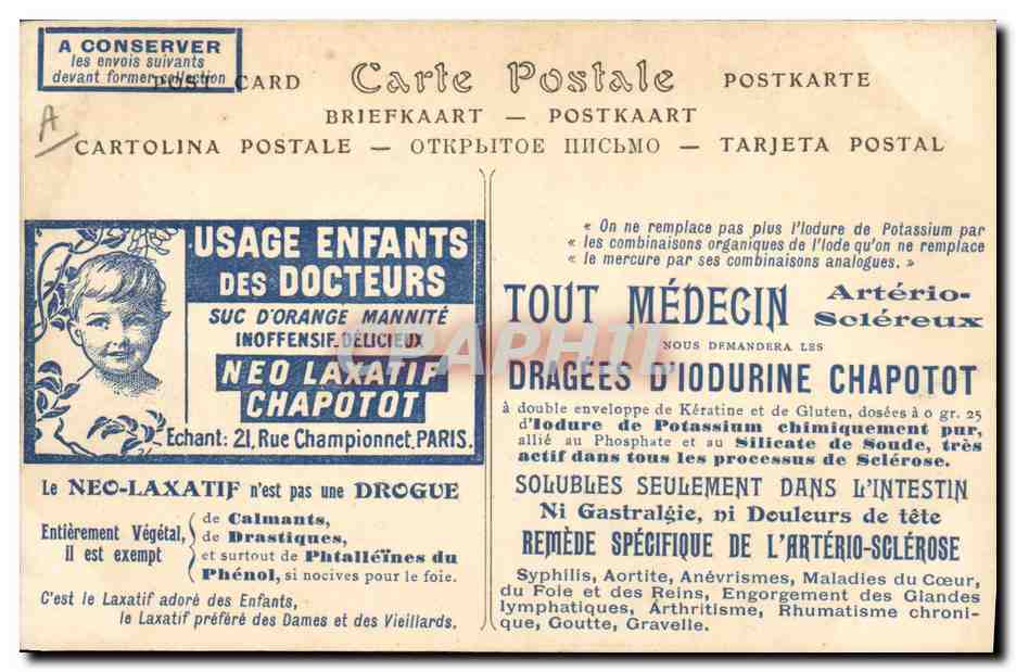 CPA Publicite Neo laxatif Chapotot Rue Championnet Paris Medecin Docteur Paris Notre Dame — Rückseite