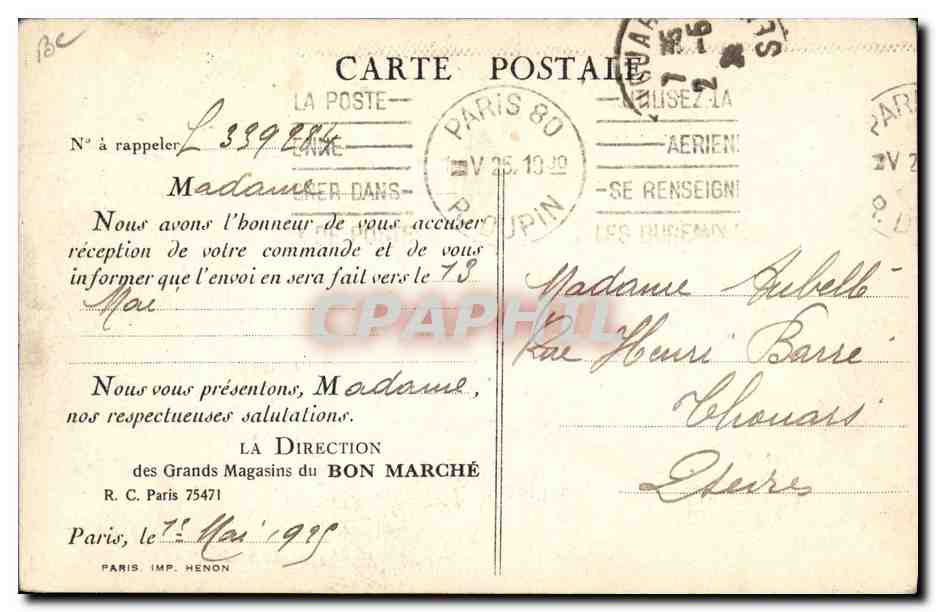 Service des expéditions — Au Bon Marché — Maison A. Boucicaut — Paris — Verso