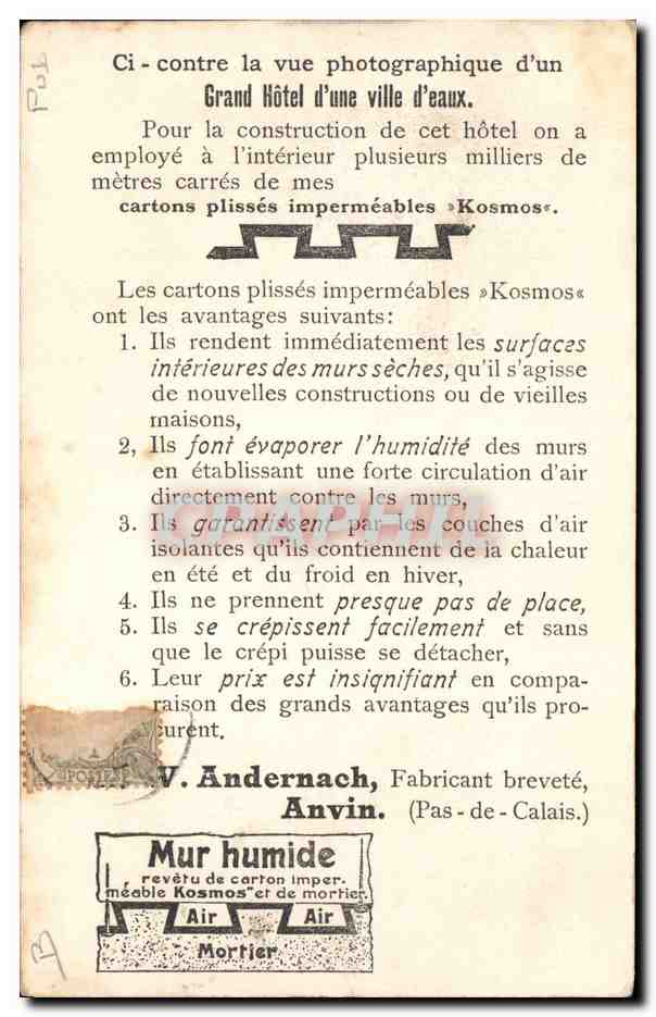 CPA Publicite Grand hotel d'une ville d'eaux Andernach Ancin Mur humaide  — Rückseite