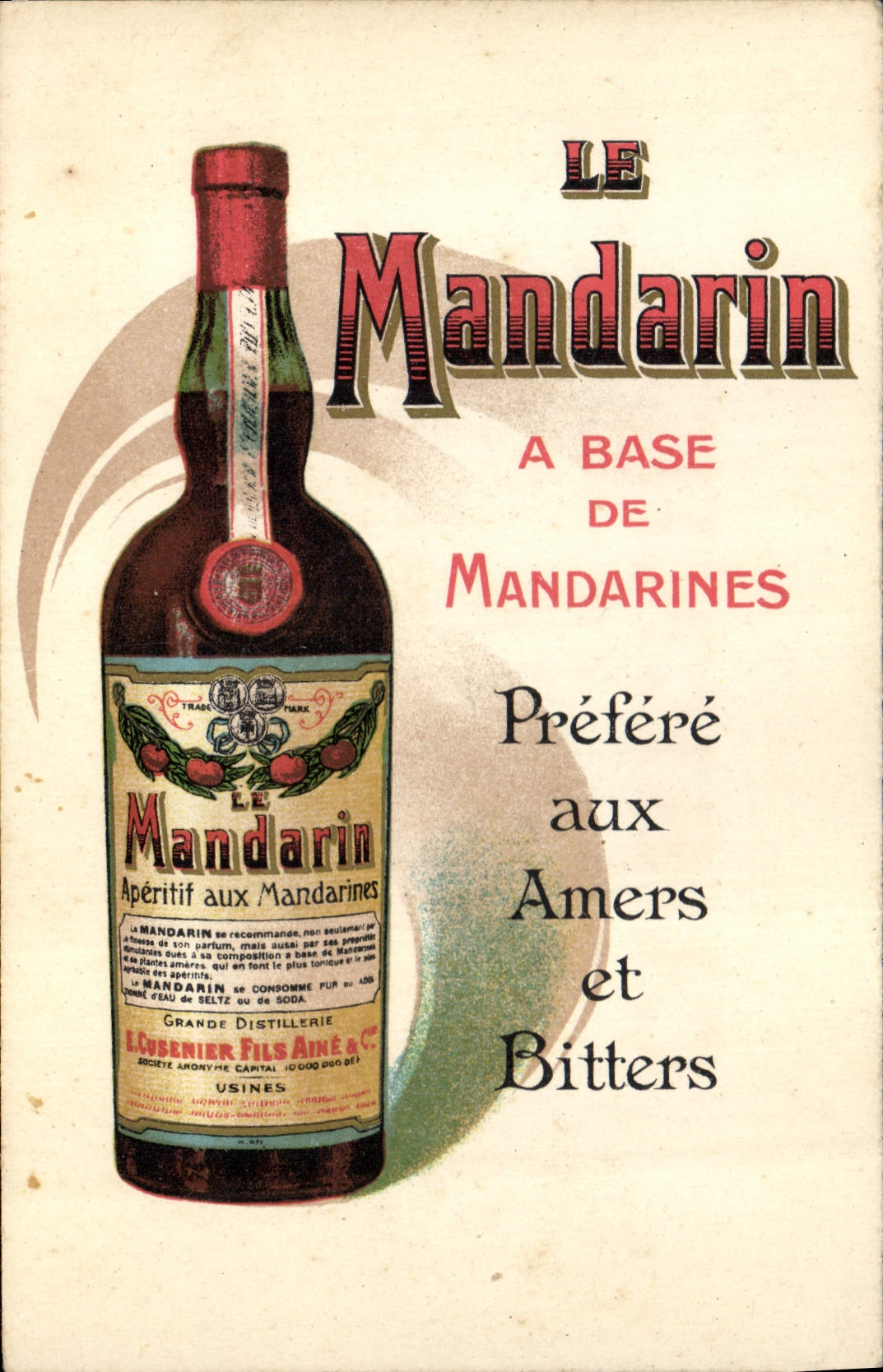 CPA Publicite Le Mandarin A base de mandarines Aperitif Alcool Cusenier Fils Prado Marseille Paris Charenton Ornans Mulhouse Bruxelles Buens Aires Argentine Argentina