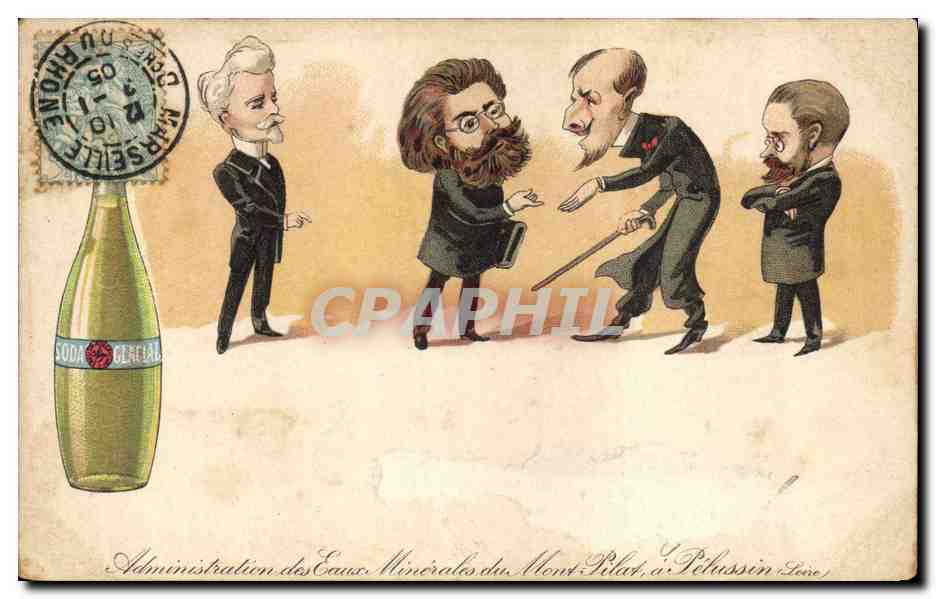 Caricature de personnages — Administration des Eaux Minérales du Mont Pilat, à Pélussin (Loire) — éditeur non visible