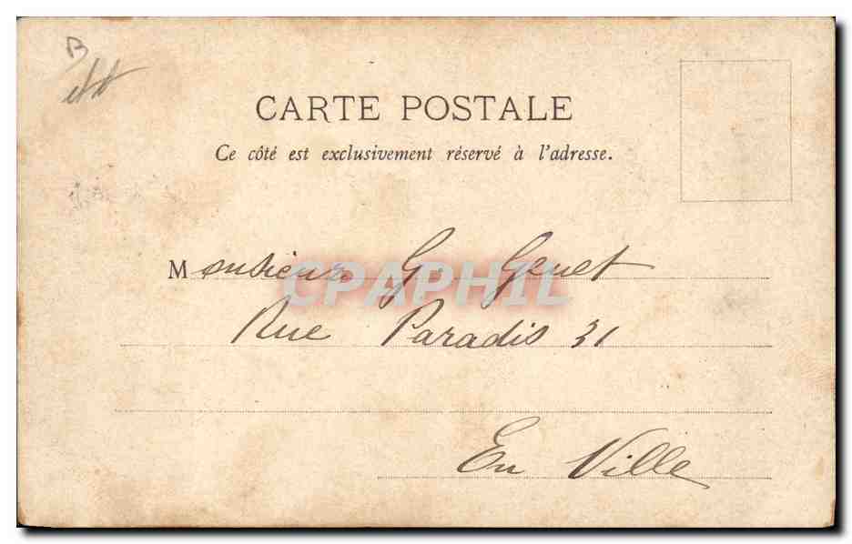 Caricature de personnages — Administration des Eaux Minérales du Mont Pilat, à Pélussin (Loire) — éditeur non visible — Verso