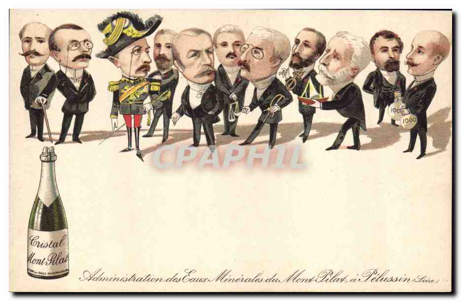 Caricatures d'hommes en costume — Administration des Eaux Minérales du Mont Pillat, à Pelussin (Loire) — Éditeur non visible