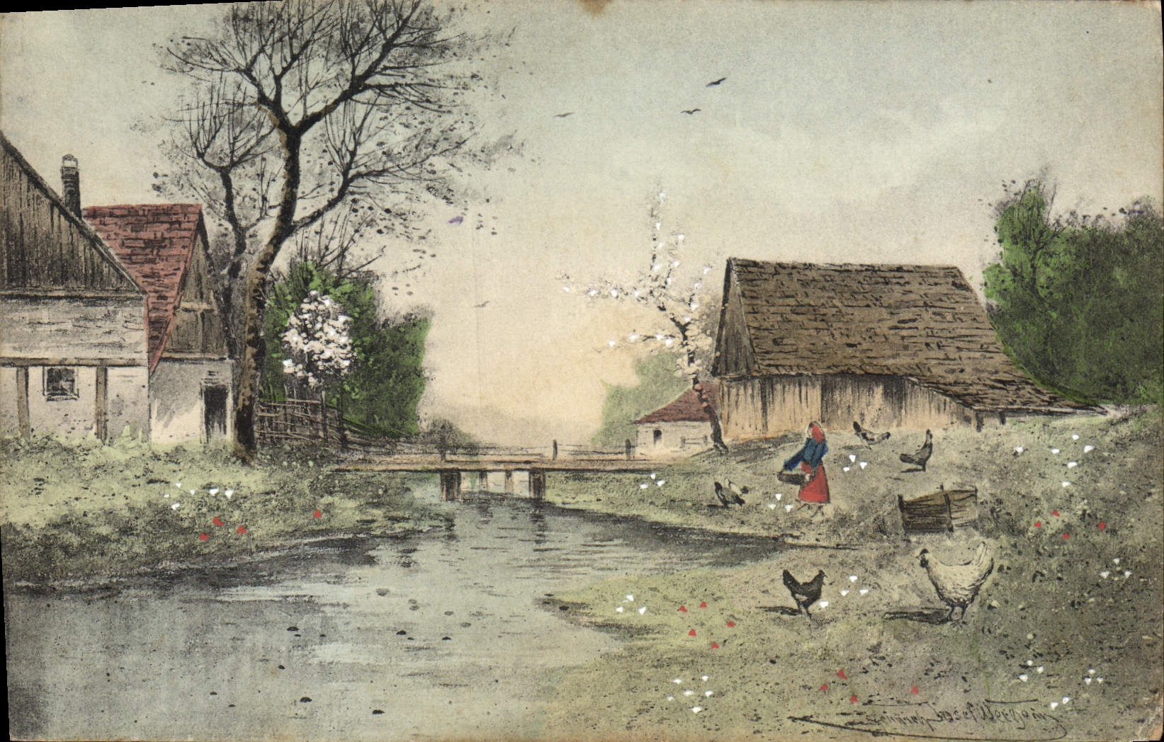 CPA Fantaisie Illustrateur Ferme Poules