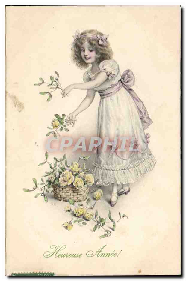Fille avec un panier de roses jaunes — 'Heureuse Année!' — M. M. Vienne, Nr. 344