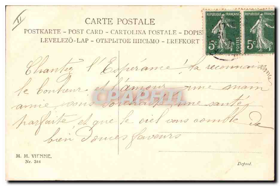Fille avec un panier de roses jaunes — 'Heureuse Année!' — M. M. Vienne, Nr. 344 — Verso