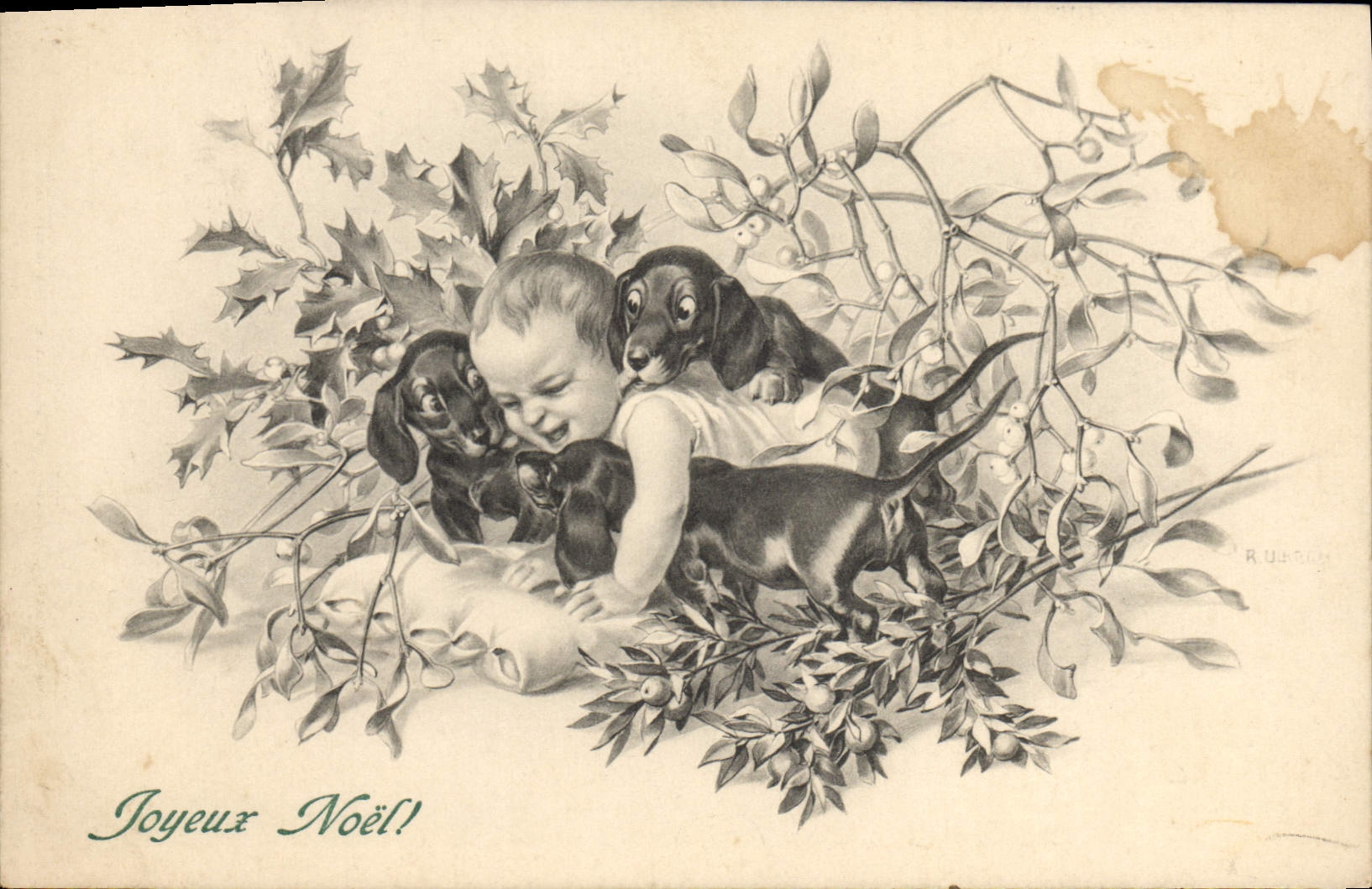 CPA Fantaisie Illustrateur Enfant Chien Chiens Noel
