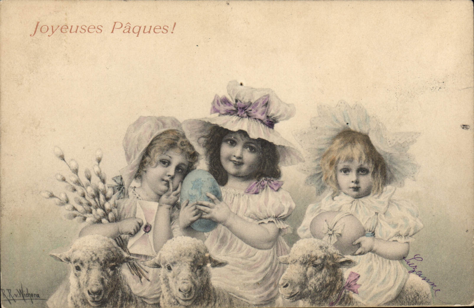 CPA Fantaisie Illustrateur Enfants Paques Moutons