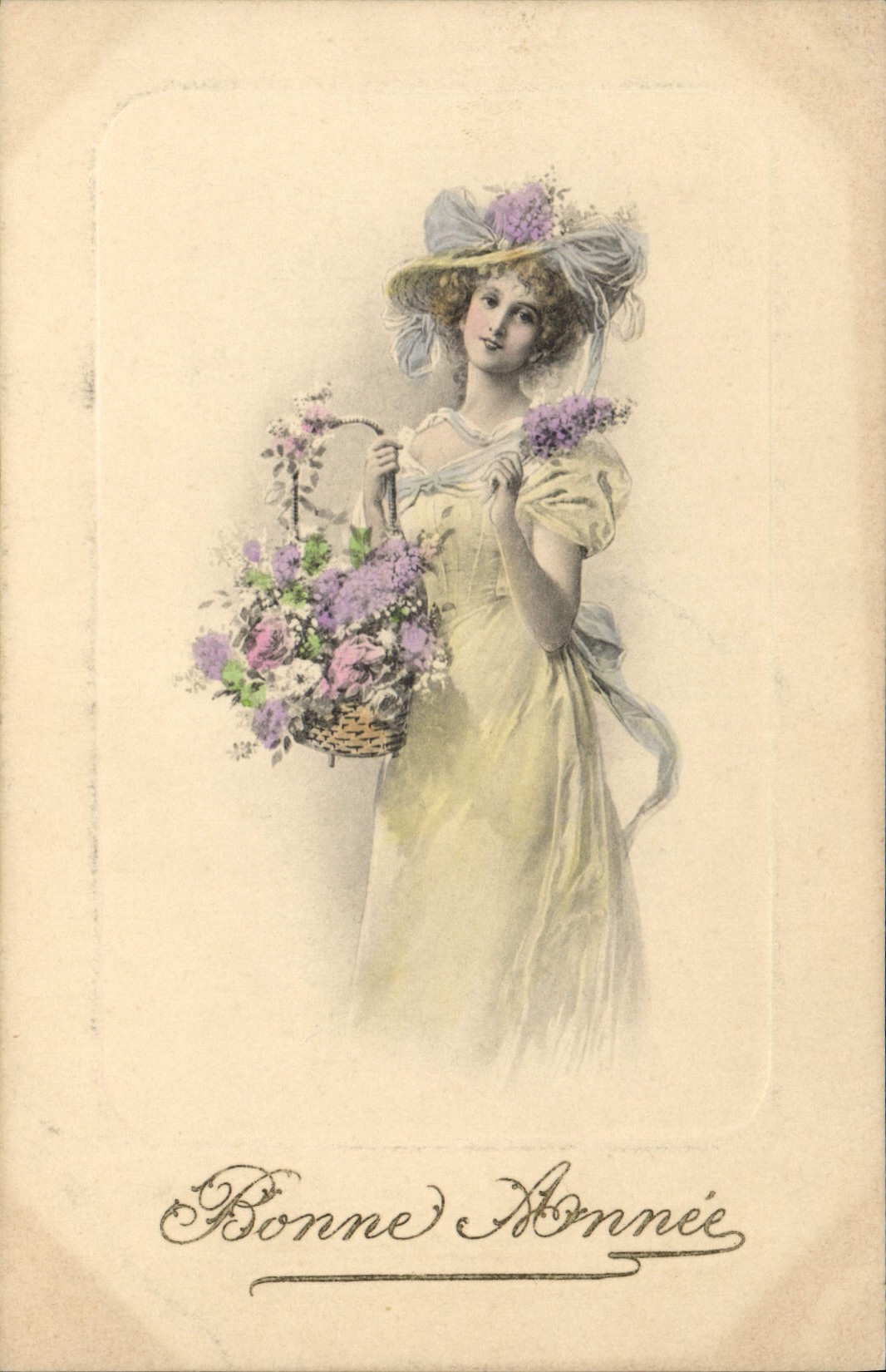 Jeune femme en robe jaune tenant un panier de fleurs — Bonne Année — éditeur non visible