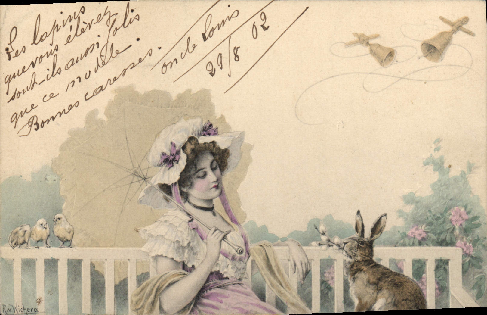 CPA Fantaisie Illustrateur Femme Lapin Cloches