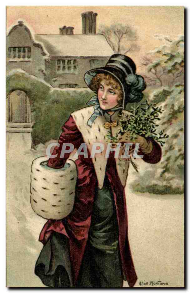 Femme tenant un panier et un bouquet de gui — scène hivernale — Aber Morgan