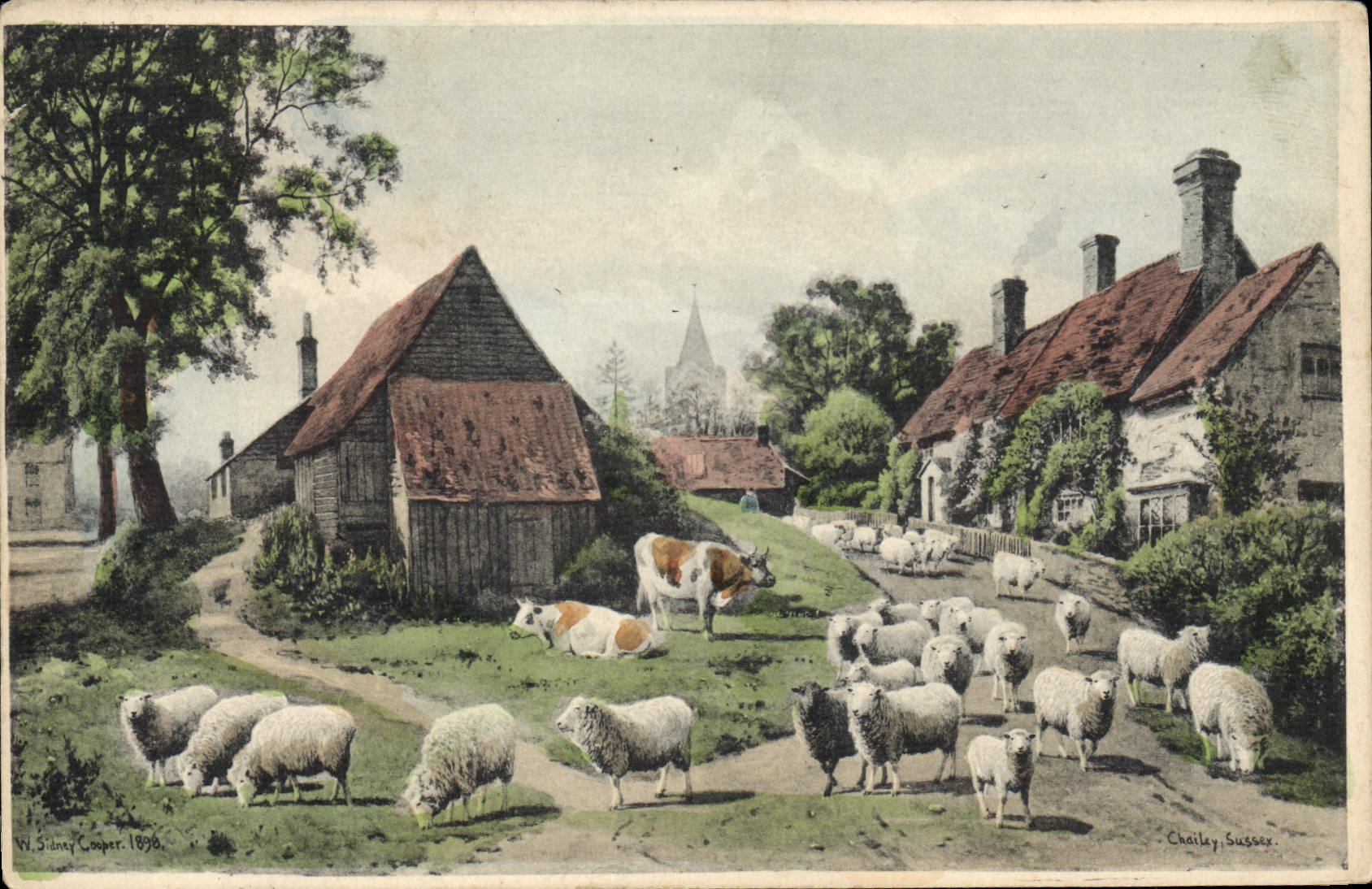 CPA Fantaisie Illustrateur Ferme Vaches Moutons