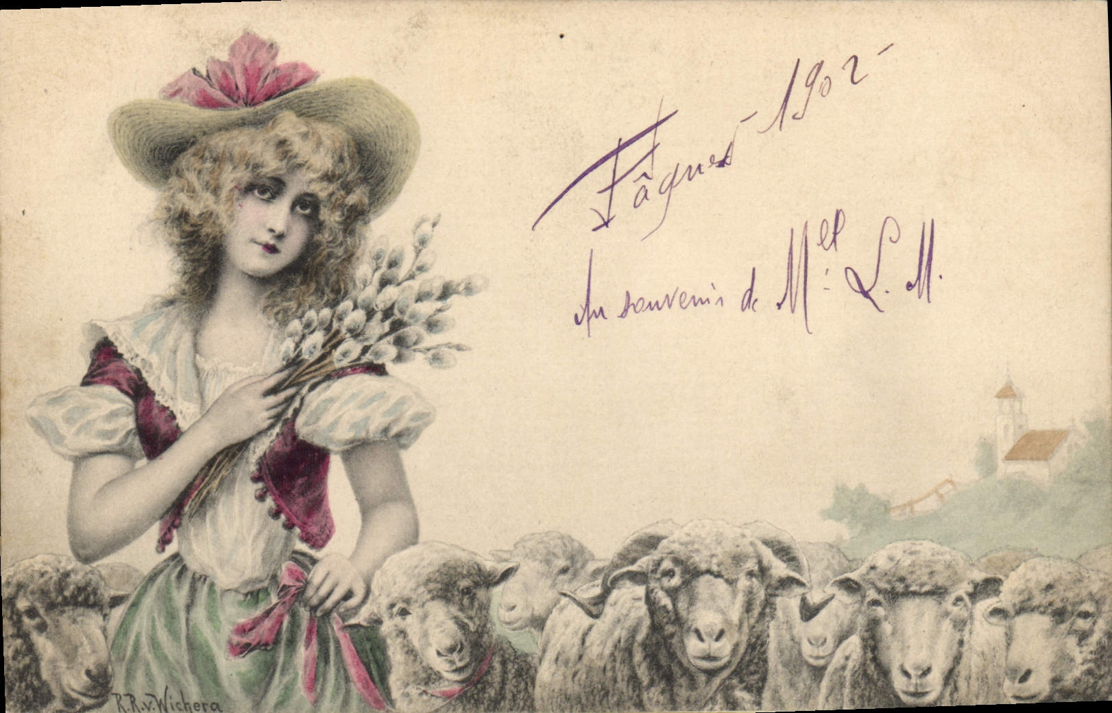 Fâques — junge Mädchen mit Schafen — R.R.Wichera