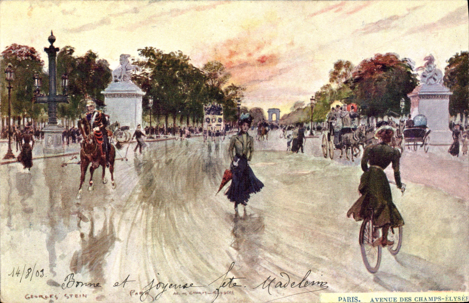 CPA Fantaisie Illustrateur Stein Paris Avenue des Champs Elysees Velo Cycle