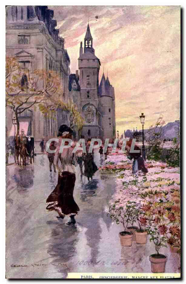 Paris, Conciergerie, Flower Market — painting by Georges Stein — no. 1000 from 1910