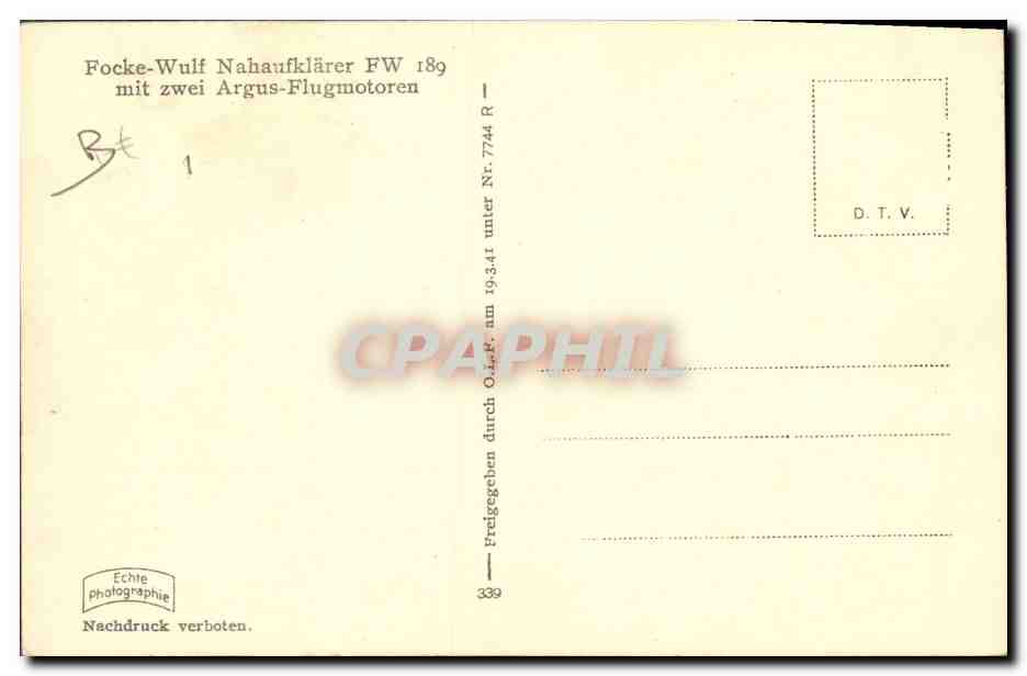 Focke-Wulf Nahaufklärer FW 189 — avec deux moteurs Argus — éditeur D.T.V., n° 339 — Verso