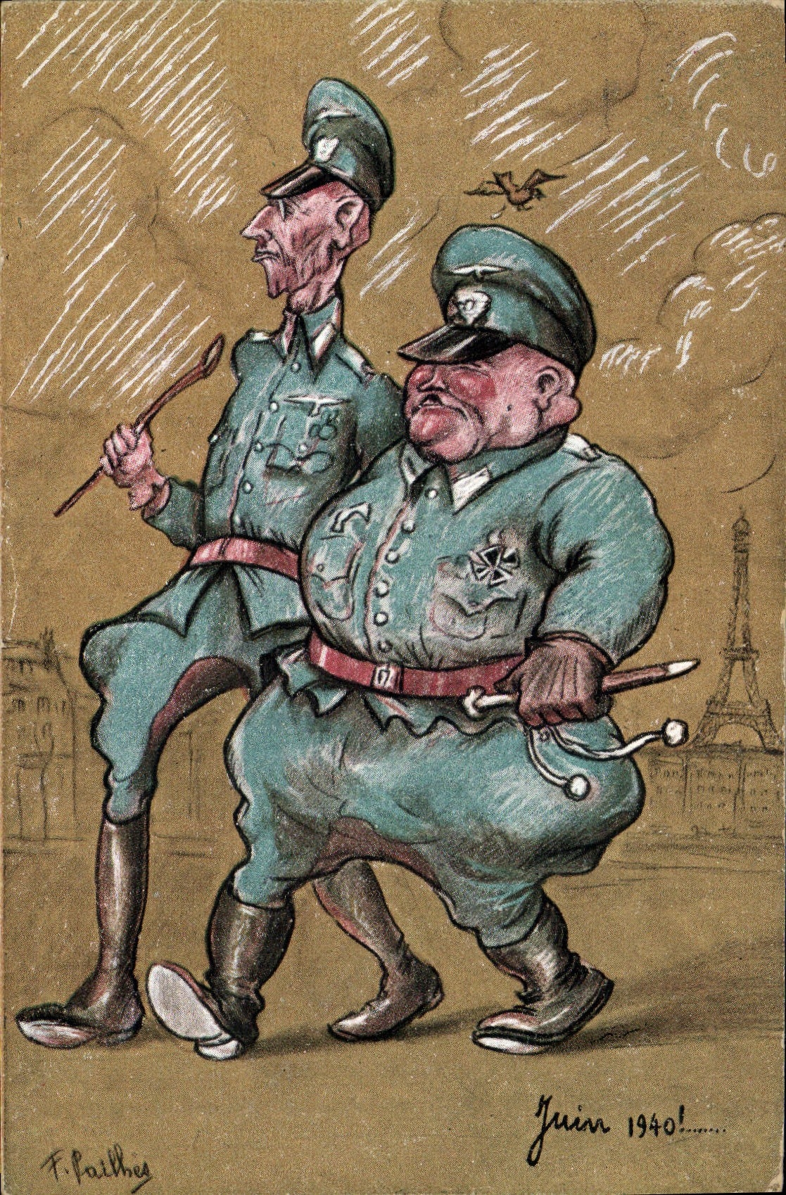 Deux officiers nazis caricaturés — Juin 1940 — F. Paillhig