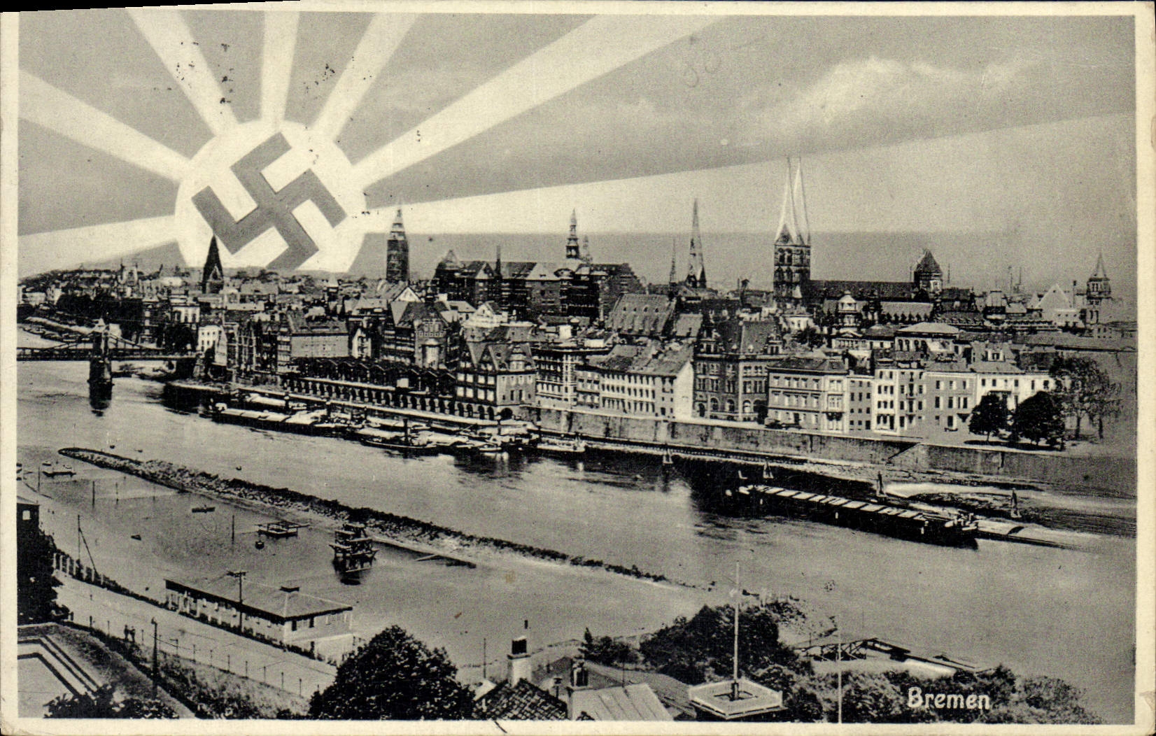 Bremen — vista panoramica della città e del porto — editore sconosciuto, numero di serie non visibile