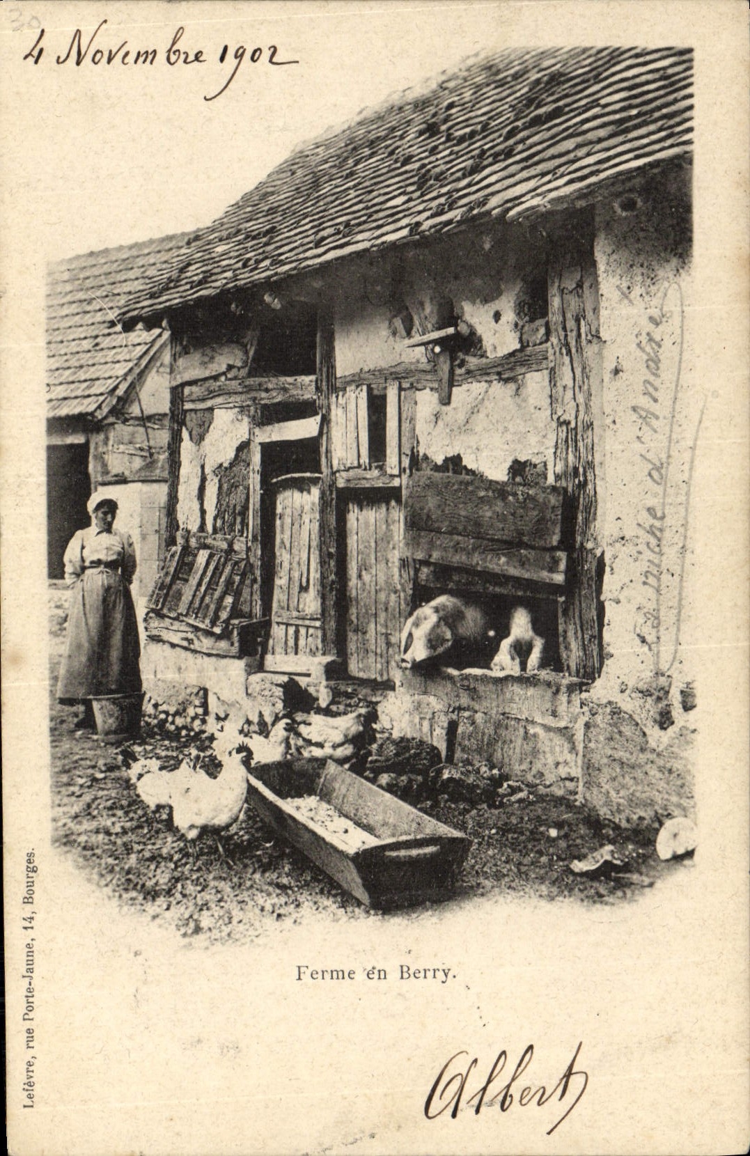 CPA Folklore Ferme en Berry Cochon Porc Poules