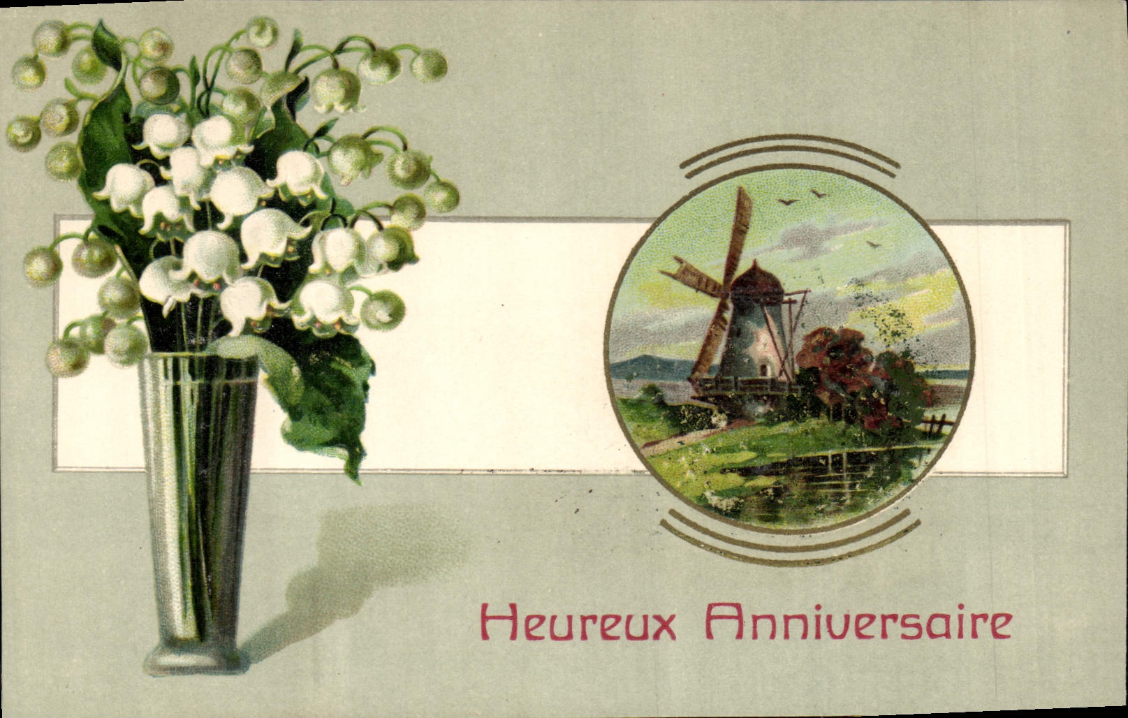 Bouquet de muguet — moulin à vent — Heureux Anniversaire — Postkarte — Union postale universelle n°1056/4