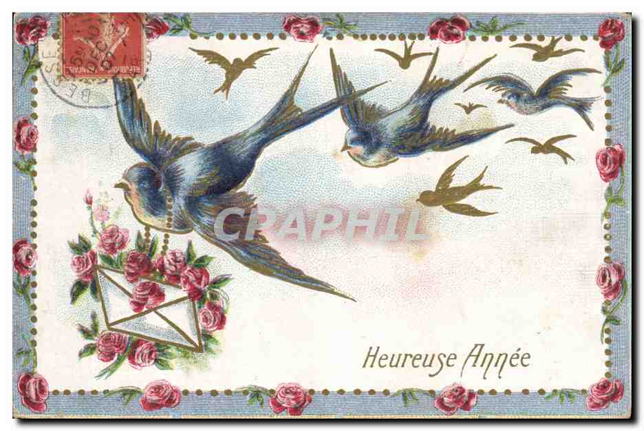 CPA Fantaisie Fleurs Hirondelles