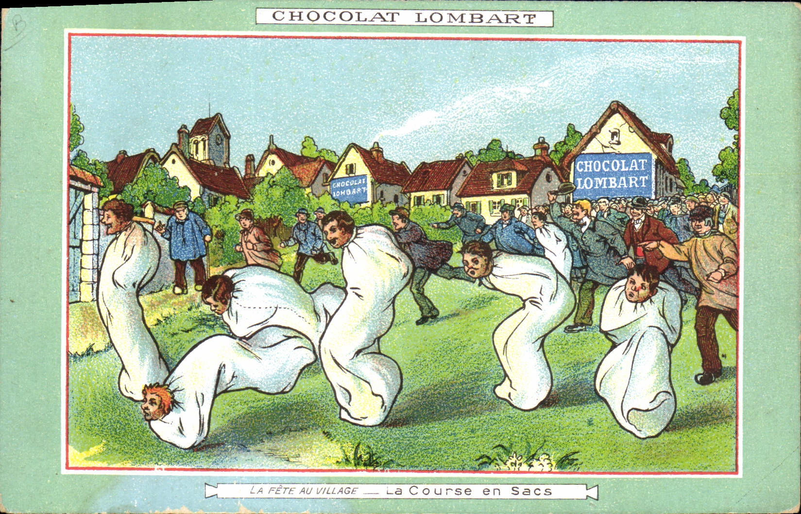 CPA Publicite Chocolat Lombart La fete au village La course en sacs Paris 