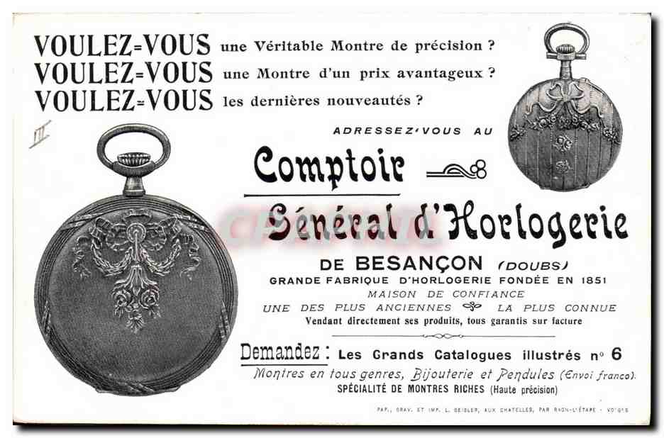 CPA Publicite Besancon Vallee de Casamene et Ile Malpas Montre Comptoir General d'Horlogerie  — Rückseite