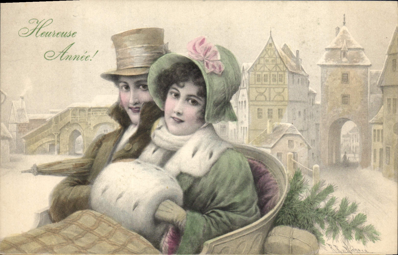 Two people in a sleigh in a winter landscape — 'Happy Annie!' — M. M. Vienne, Nr. 336