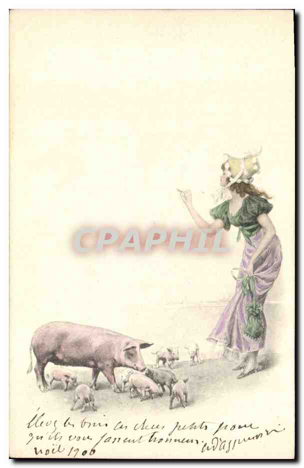CPA Illustrateur Fantaisie Femme Cochon Porc 