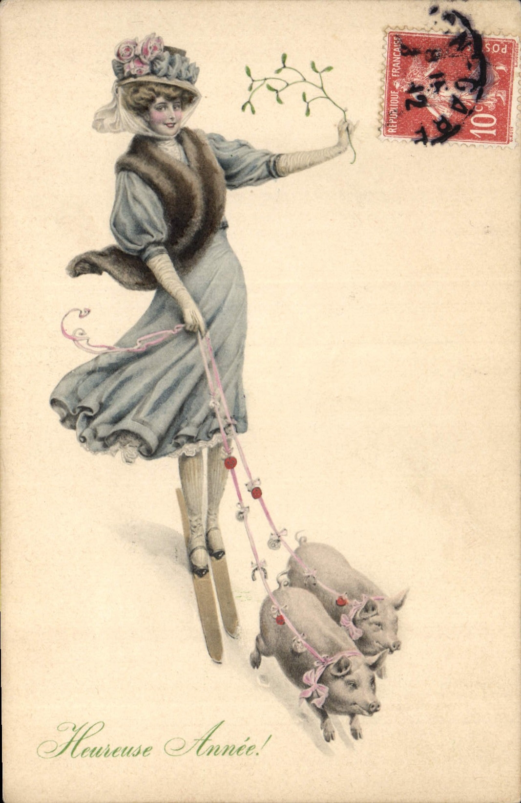Femme en ski tirant deux cochons — Heureuse Année! — M. M. Vienne, M. M. Munk, n° 475