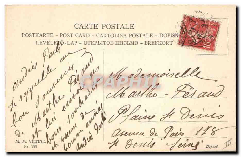 Chercheur d'oranges — petit ange et cochons dans un panier — M. M. VIENNE, n° 288 — Verso