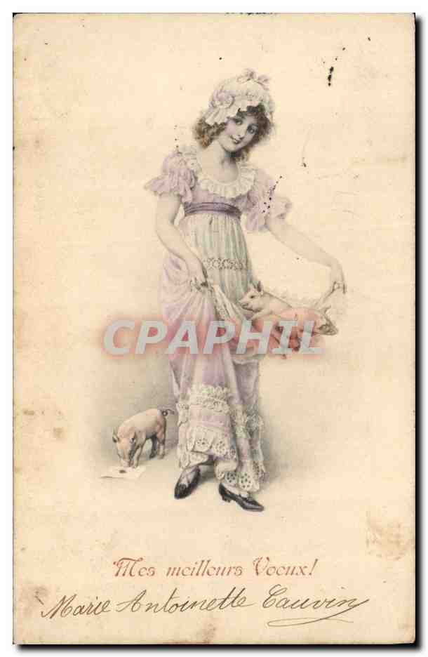 CPA Illustrateur Fantaisie Femme Cochon Porc 