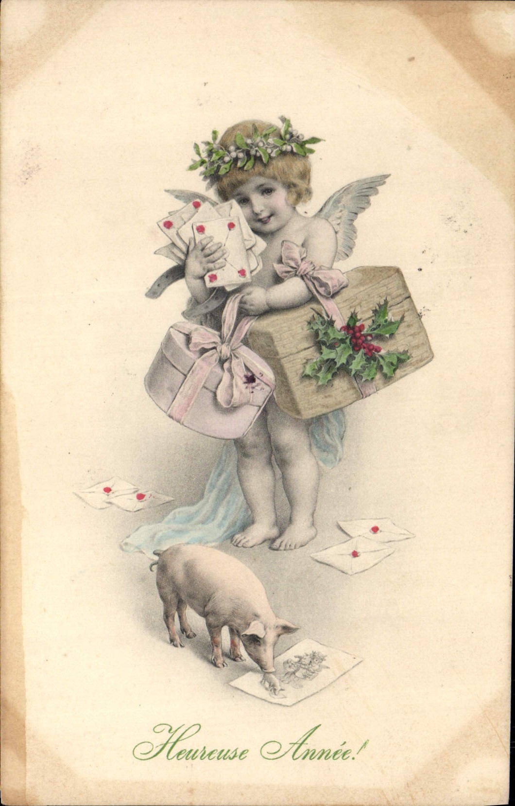 CPA Illustrateur Fantaisie Ange Cochon Porc 
