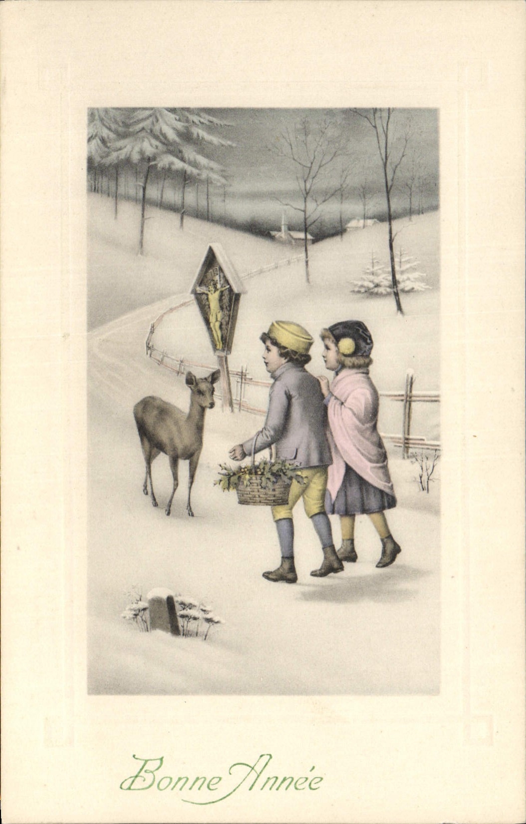 Enfants et cerf — scène de Noël — PTL Art & Année No 141
