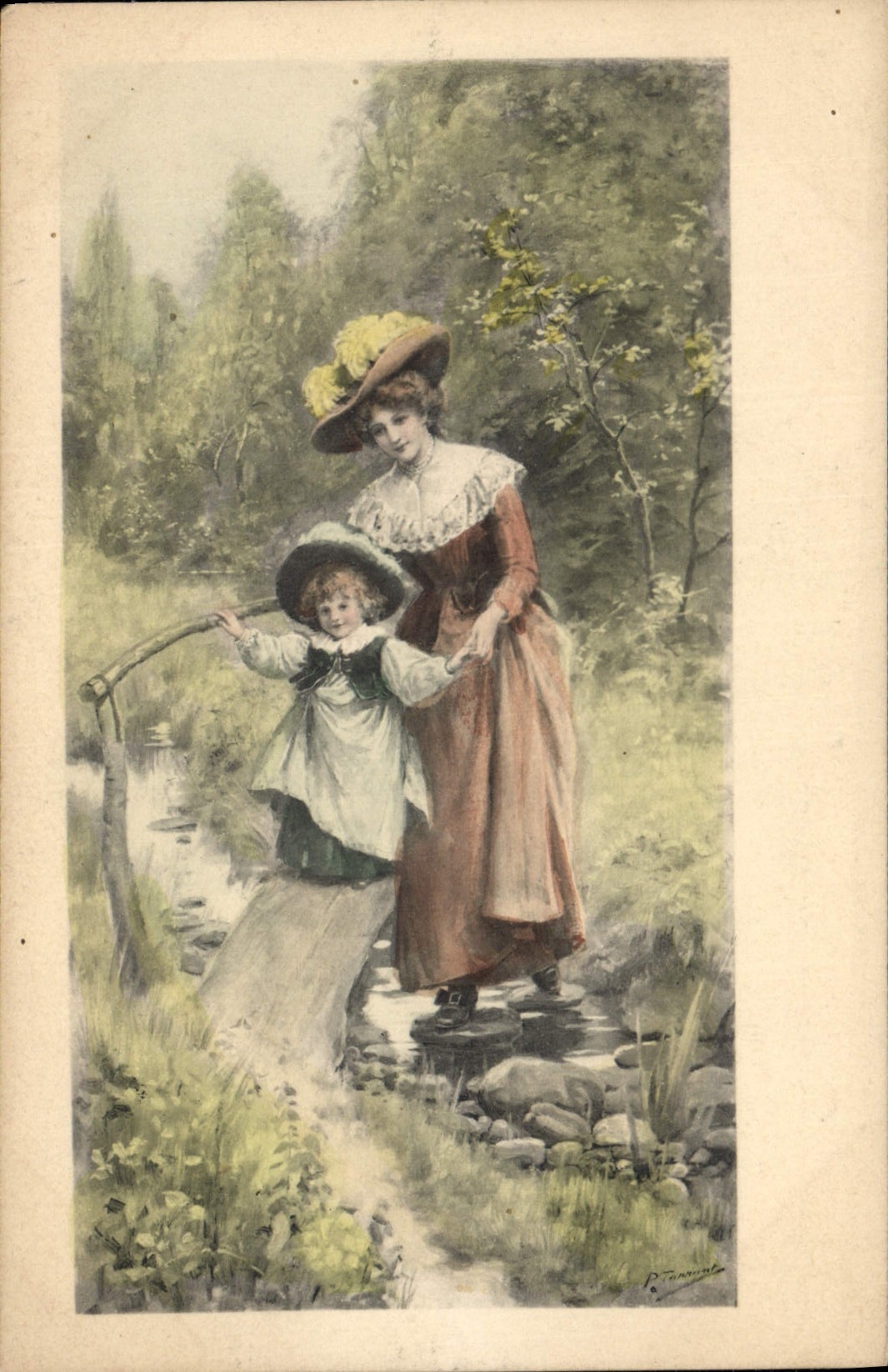Femme et enfant traversant un ruisseau — P. Tannin — N° 295