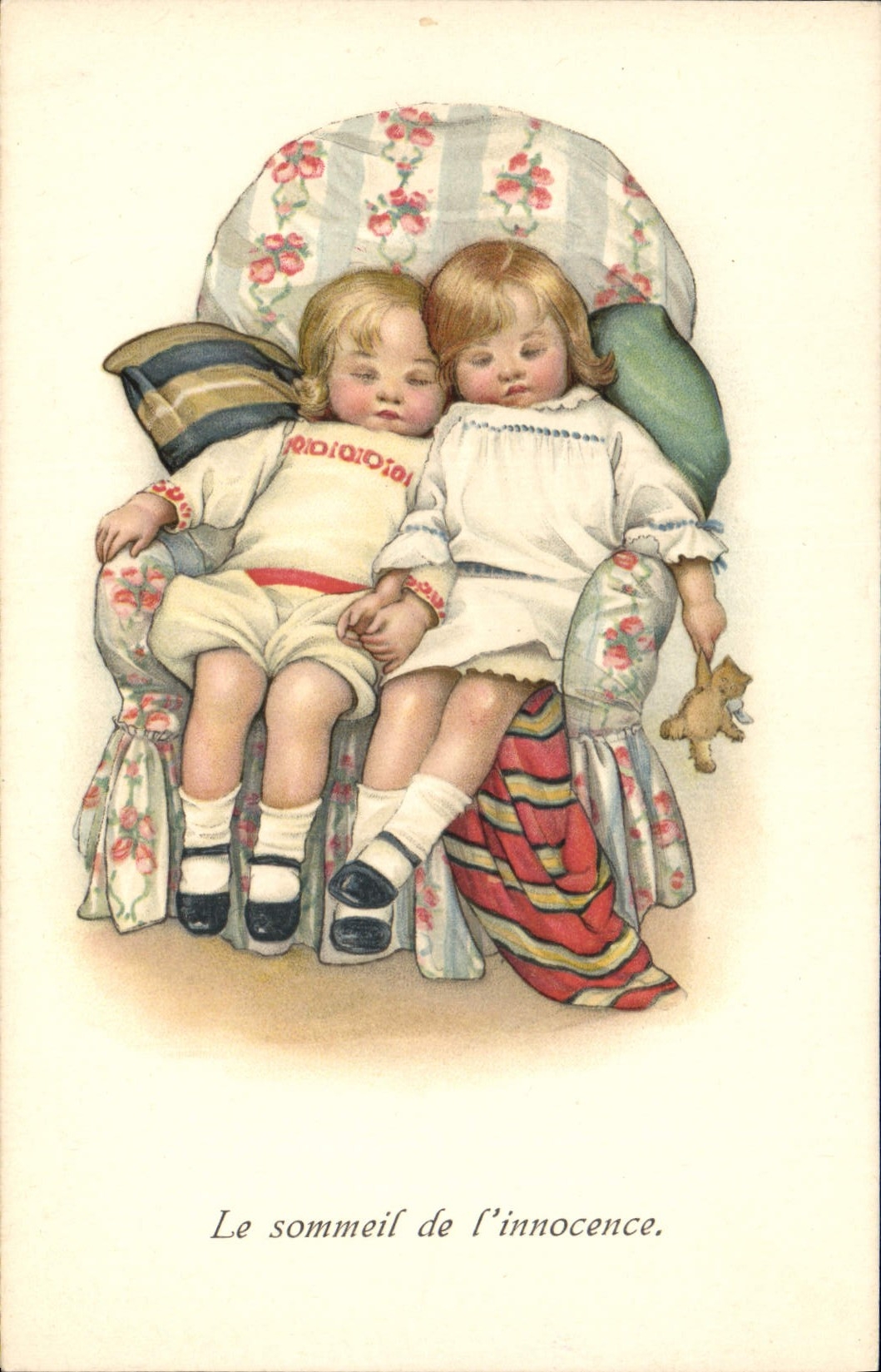 CPA Illustrateur Fantaisie Enfants Le sommeil de l'innocence Ours Peluche 