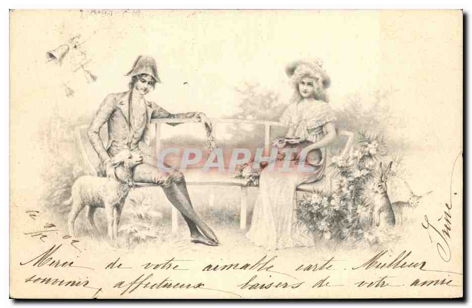 CPA Illustrateur Fantaisie Femme Lapion Agneau 
