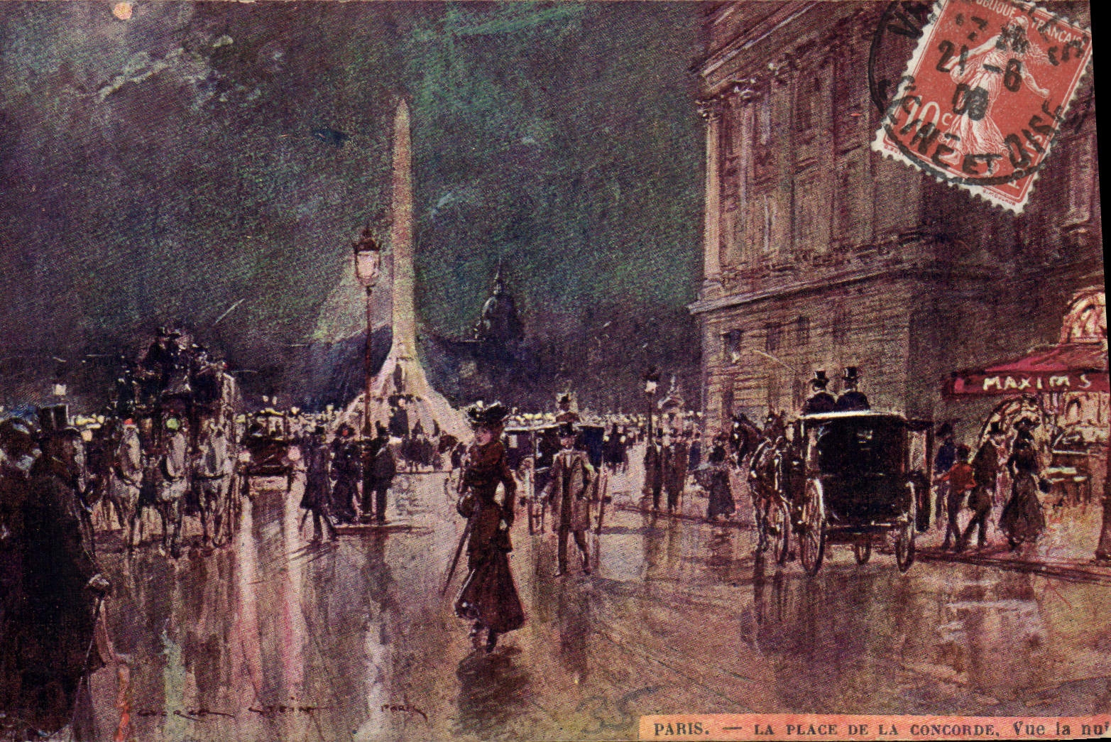 CPA Paris Illustrateur La Place de la Concorde vue de nuit