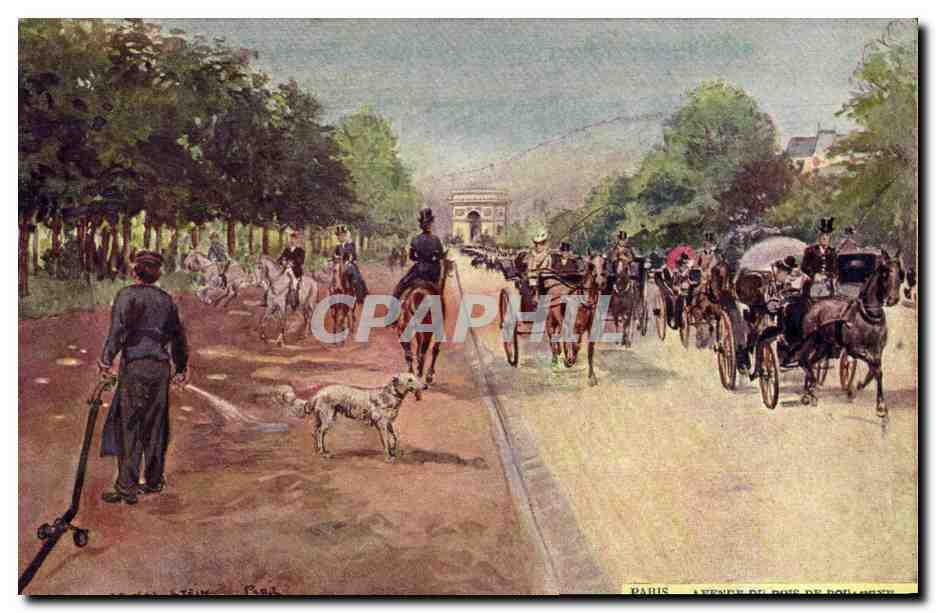 CPA Paris Illustrateur Avenue du Bois de boulogne Arc de Triomphe Chien