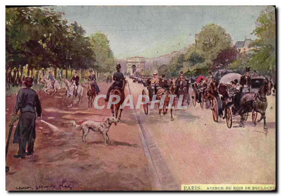 CPA Paris Illustrateur Avenue du Bois de Boulogne Chien Arc de Triomphe 