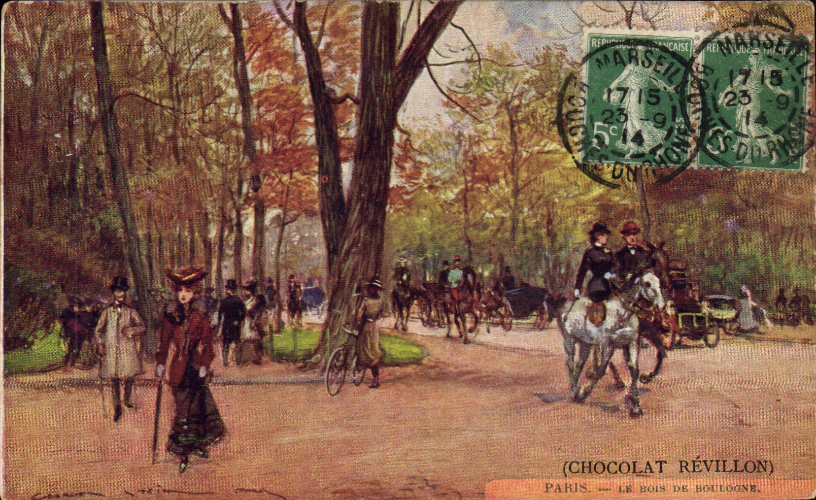 CPA Paris Illustrateur Le Bois de Boulogne Chocolat Revillon