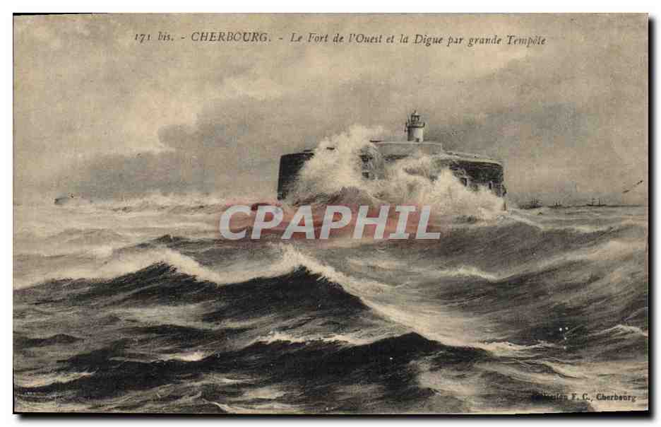 CPA Phare Cherbourg Le Fort de L'Ouest de la Digue par grande tempete